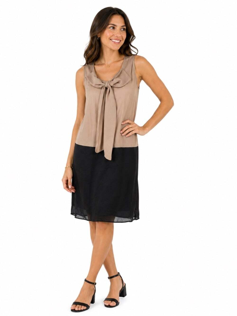 i Blues Capsule Sheath Colour Block Midi Dress Sleeveless Bow Beige Black Shift